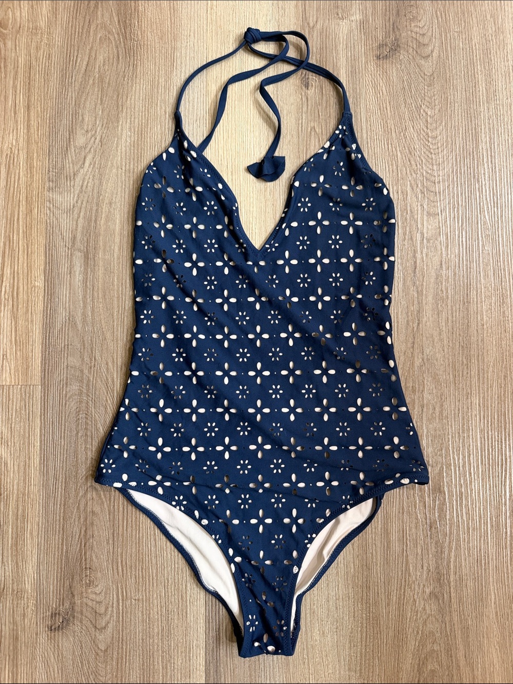 J. Crew Halter Neck One Piece Swimsuit Laser Cut Eyelet Navy Blue Size 6